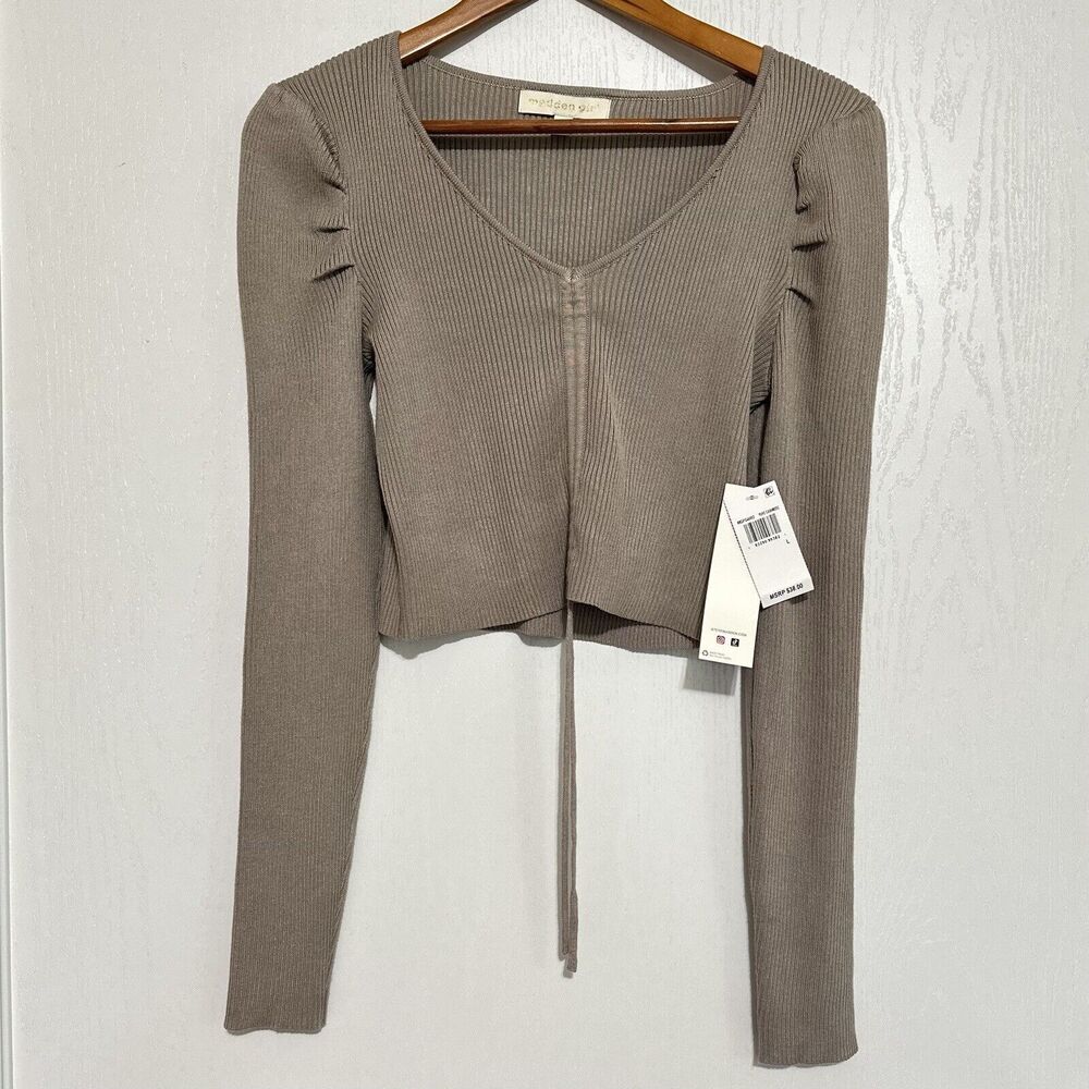 Madden Girl Knit Ribbed Sweater Long Sleeve Crop Top Size Large Light Olive NWT